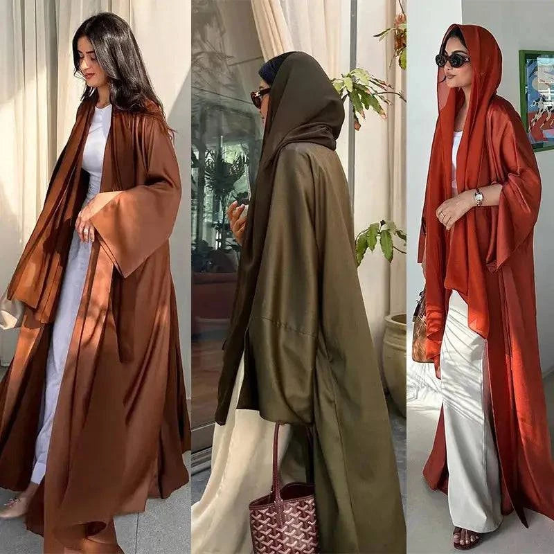 Open Abaya Arabic Long Dress Women Shiny Satin Diamonds Eid Ramadan - Modestly Vogue 
