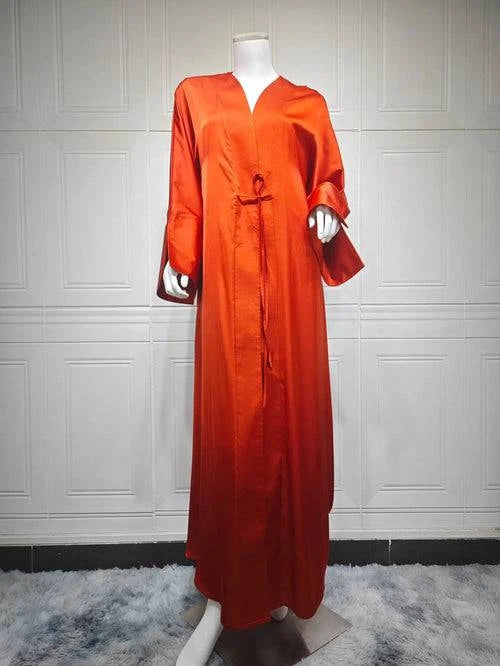 Open Abaya Arabic Long Dress Women Shiny Satin Diamonds Eid Ramadan - Modestly Vogue 