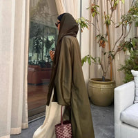 Open Abaya Arabic Long Dress Women Shiny Satin Diamonds Eid Ramadan - Modestly Vogue 