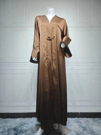 Open Abaya Arabic Long Dress Women Shiny Satin Diamonds Eid Ramadan - Modestly Vogue 