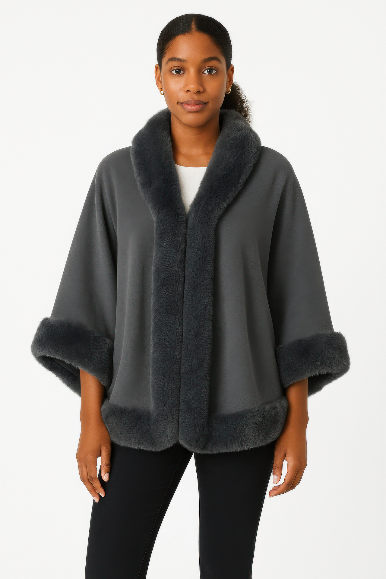 Faux Fur Trim Open-front Cape Jacket