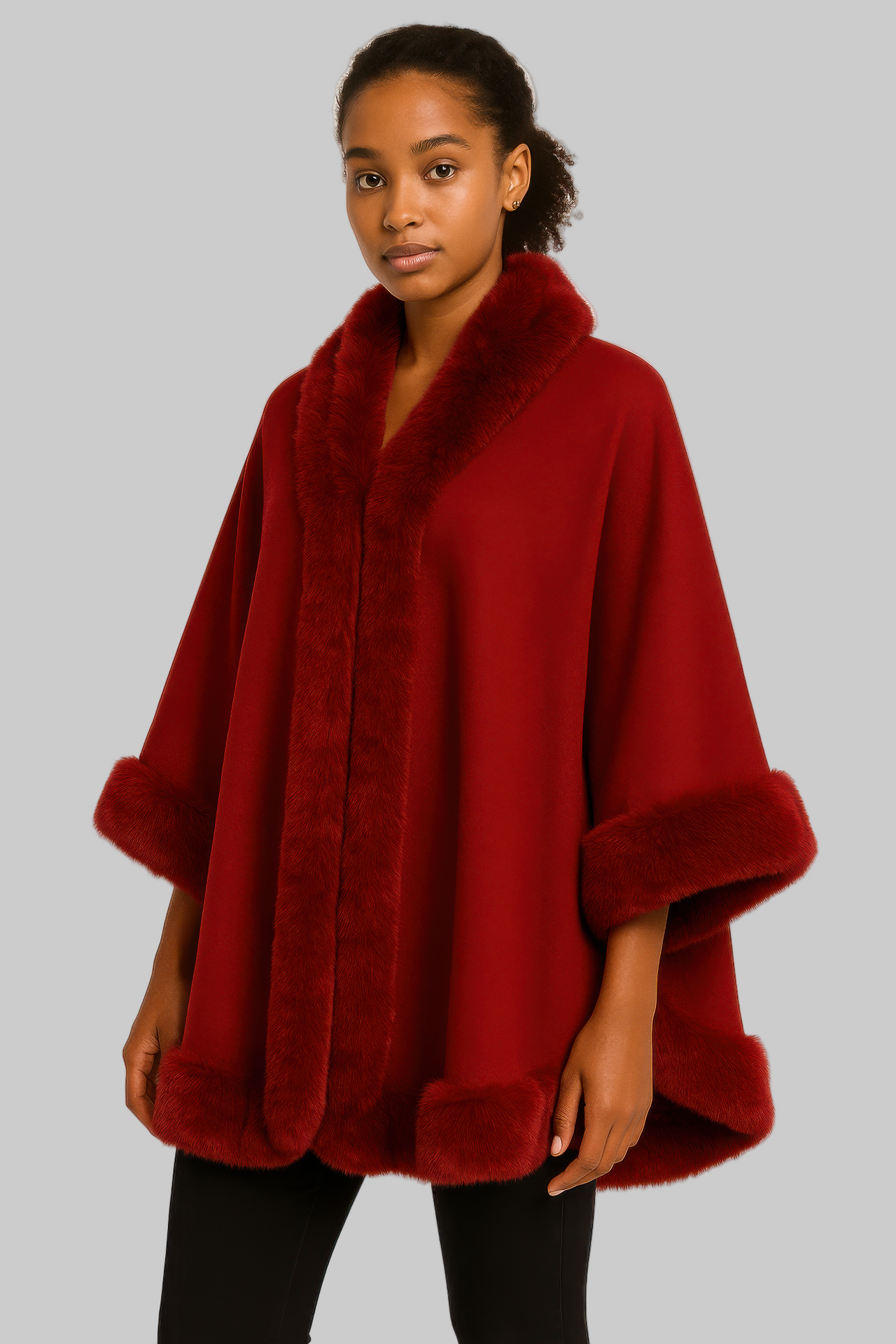 Faux Fur Trim Open-front Cape Poncho Jacket - Modestly Vogue 
