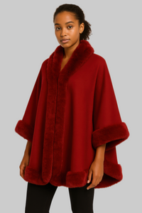 Faux Fur Trim Open-front Cape Poncho Jacket - Modestly Vogue 