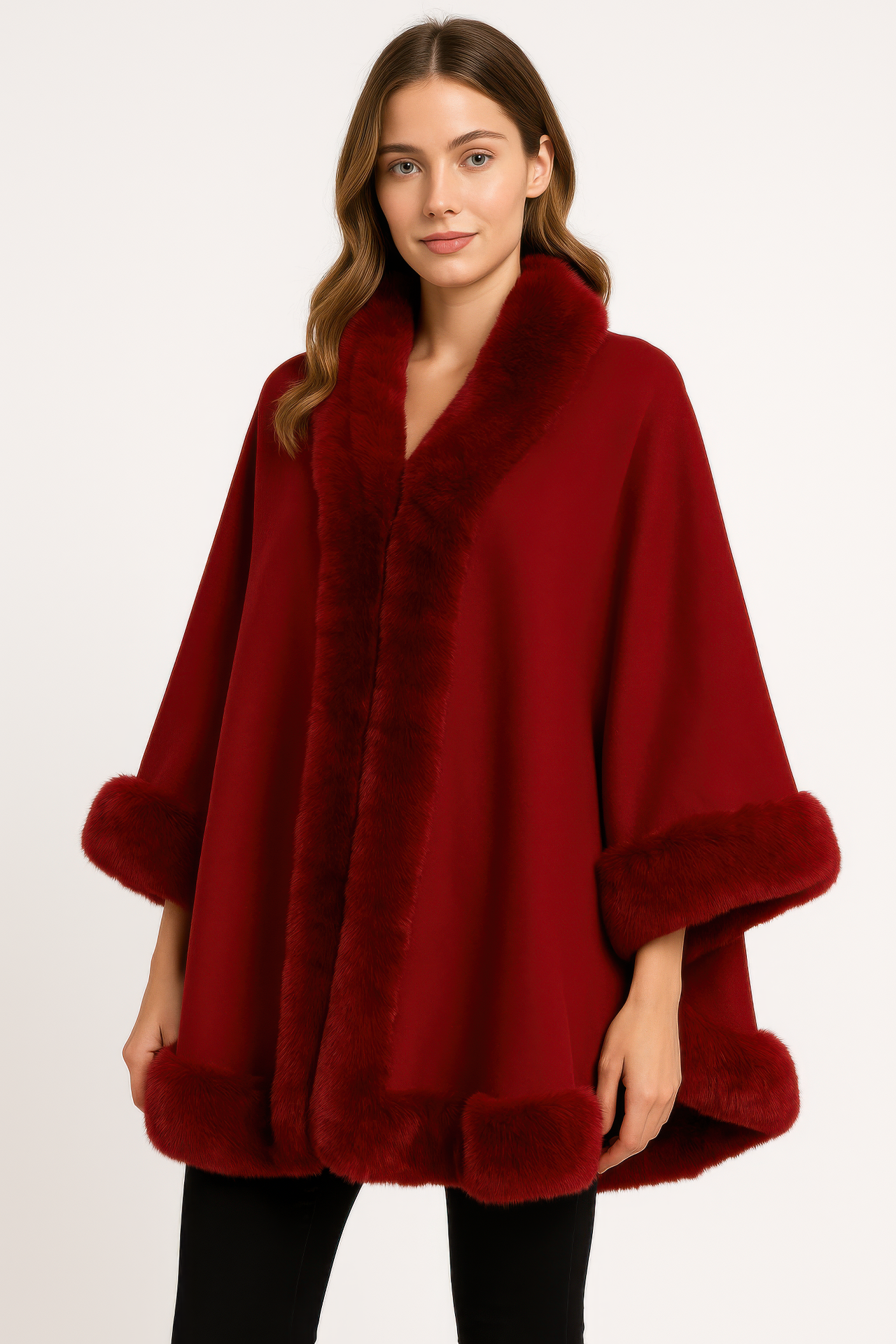 Faux Fur Trim Open-front Cape Poncho Jacket - Modestly Vogue 