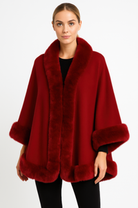 Faux Fur Trim Open-front Cape Poncho Jacket - Modestly Vogue 