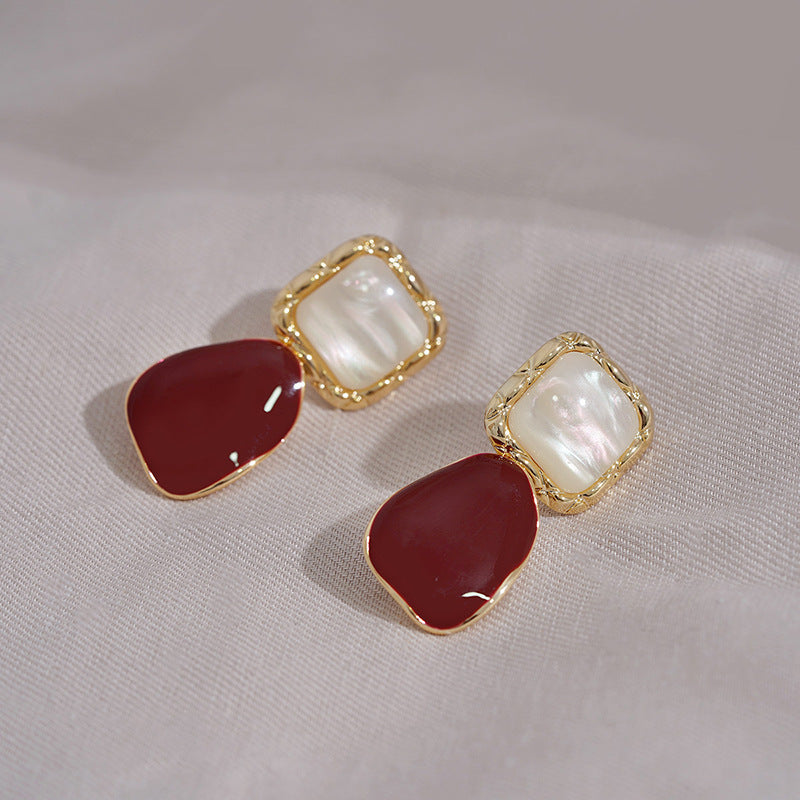 New Sterling Silver Needle French Style Temperament Irregular Wine Red Earrings - Modestly Vogue 