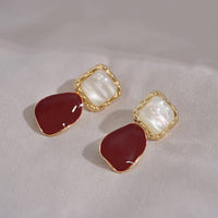 New Sterling Silver Needle French Style Temperament Irregular Wine Red Earrings - Modestly Vogue 