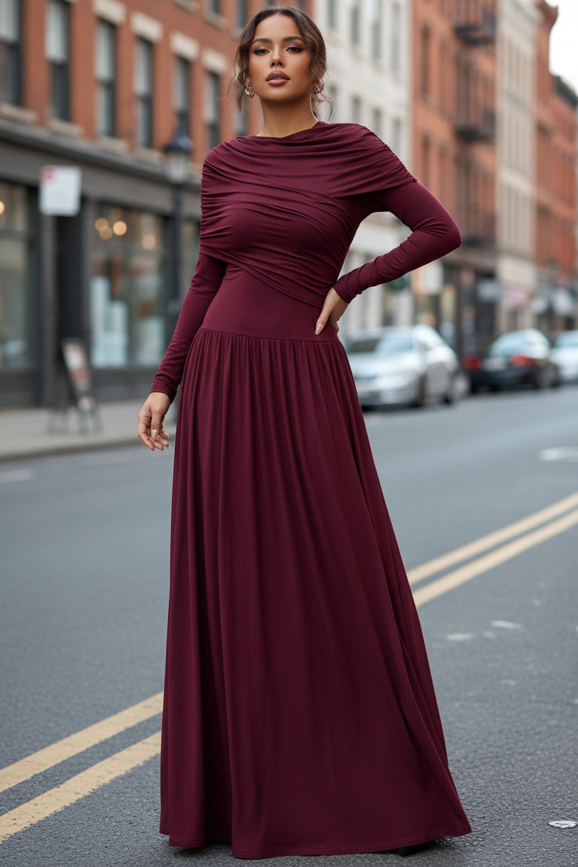 New Women's Fashion Elegant Shawl Solid Color Long Dress - Modestly Vogue 