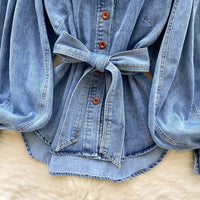 Retro Lace-up Waist-controlled Stand-up Collar Puff Sleeve Denim Top - Modestly Vogue 