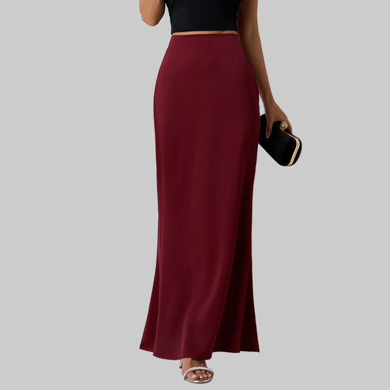 Women's Elegant Satin High Waist Flared Midi Skirt Cocktail Party Wedding Long Skirt - Modestly Vogue 