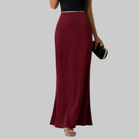Women's Elegant Satin High Waist Flared Midi Skirt Cocktail Party Wedding Long Skirt - Modestly Vogue 