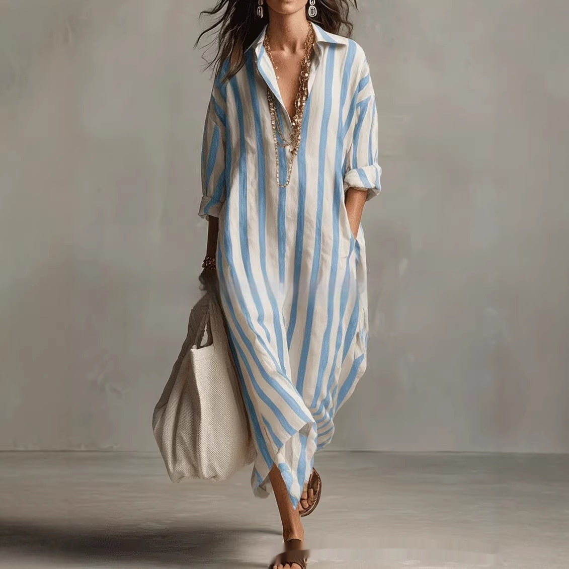 Striped Lapel-collar Dress With Side Slits And Pockets - Modestly Vogue 