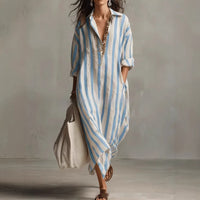 Striped Lapel-collar Dress With Side Slits And Pockets - Modestly Vogue 