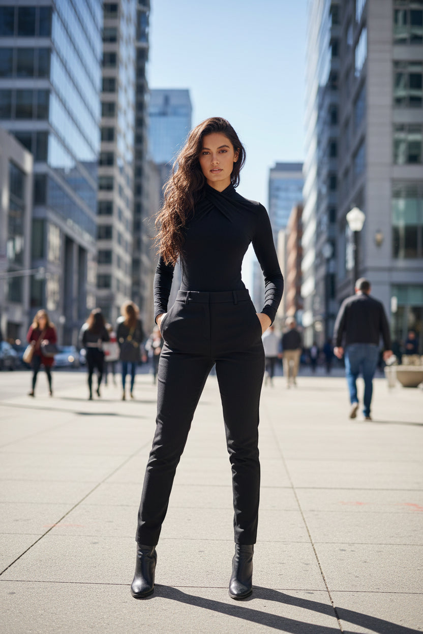 Women's Fashion Cross Pleated Neckline Slim-fit Long-sleeved Stitching Solid Color Jumpsuit - Modestly Vogue 