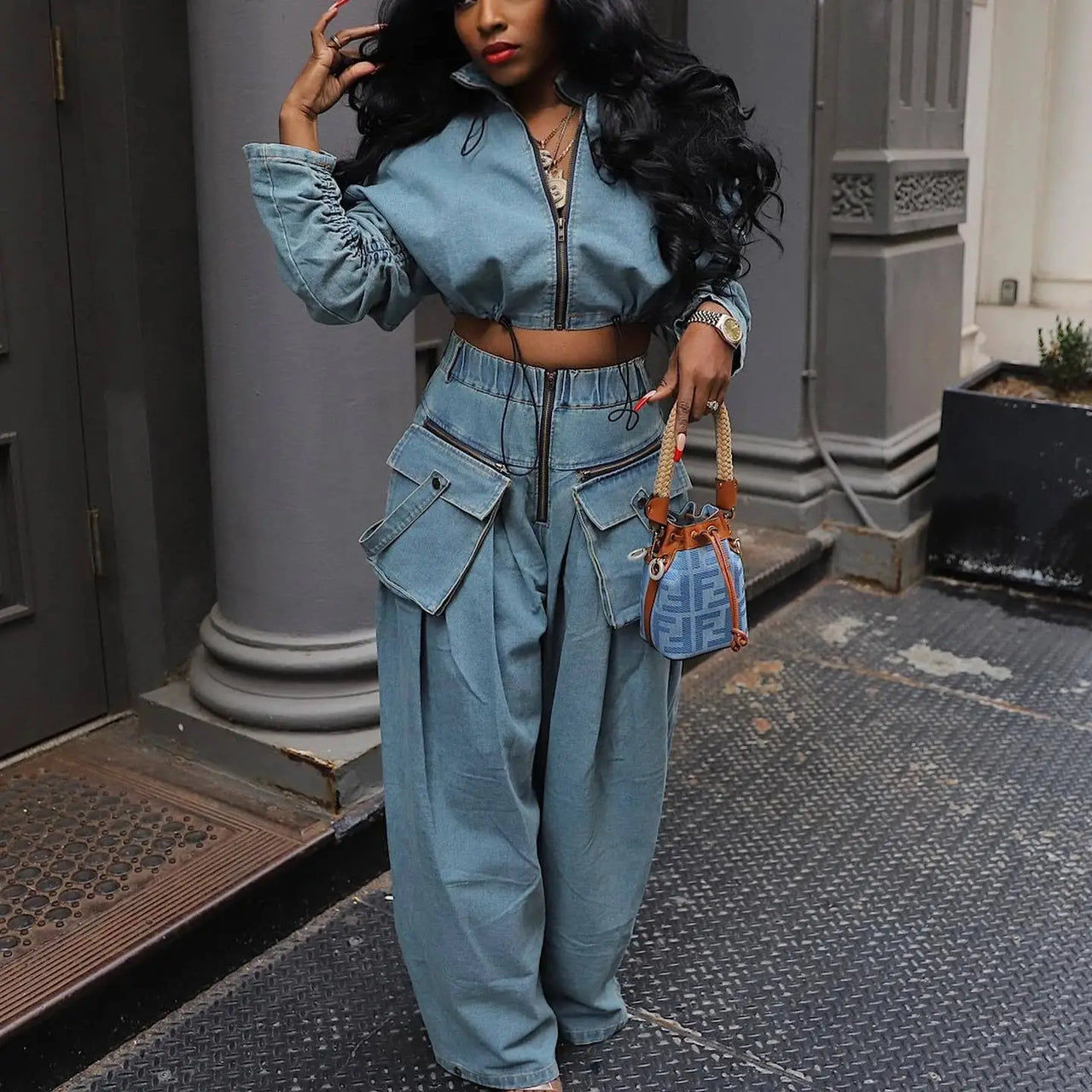 Denim Two-Piece Set for Women – Y2K Streetwear Jeans & Coat Set - Modestly Vogue 