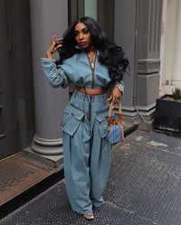 Denim Two-Piece Set for Women – Y2K Streetwear Jeans & Coat Set - Modestly Vogue 