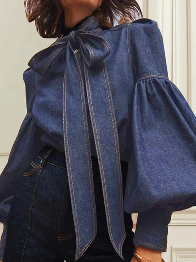 Women's Trendy Denim Puff Sleeve Blouse – Lightweight Long Sleeve Top - Modestly Vogue 
