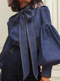 Women's Trendy Denim Puff Sleeve Blouse – Lightweight Long Sleeve Top - Modestly Vogue 