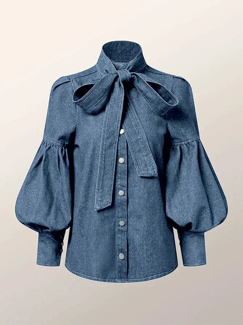 Women's Trendy Denim Puff Sleeve Blouse – Lightweight Long Sleeve Top - Modestly Vogue 