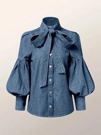 Women's Trendy Denim Puff Sleeve Blouse – Lightweight Long Sleeve Top - Modestly Vogue 