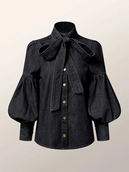 Women's Trendy Denim Puff Sleeve Blouse – Lightweight Long Sleeve Top - Modestly Vogue 