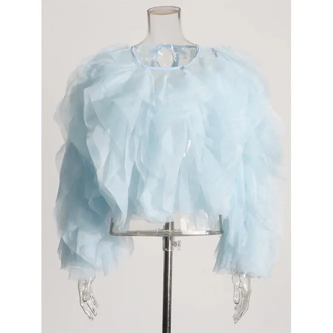 TWOTWINSTYLE Vintage Patchwork Ruffle Shirt – O Neck Lantern Sleeve