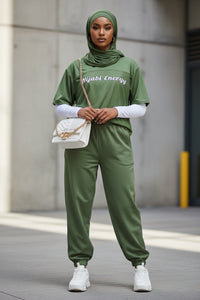 Olive Spoken Energy Boxy jersey Top - Modestly Vogue 