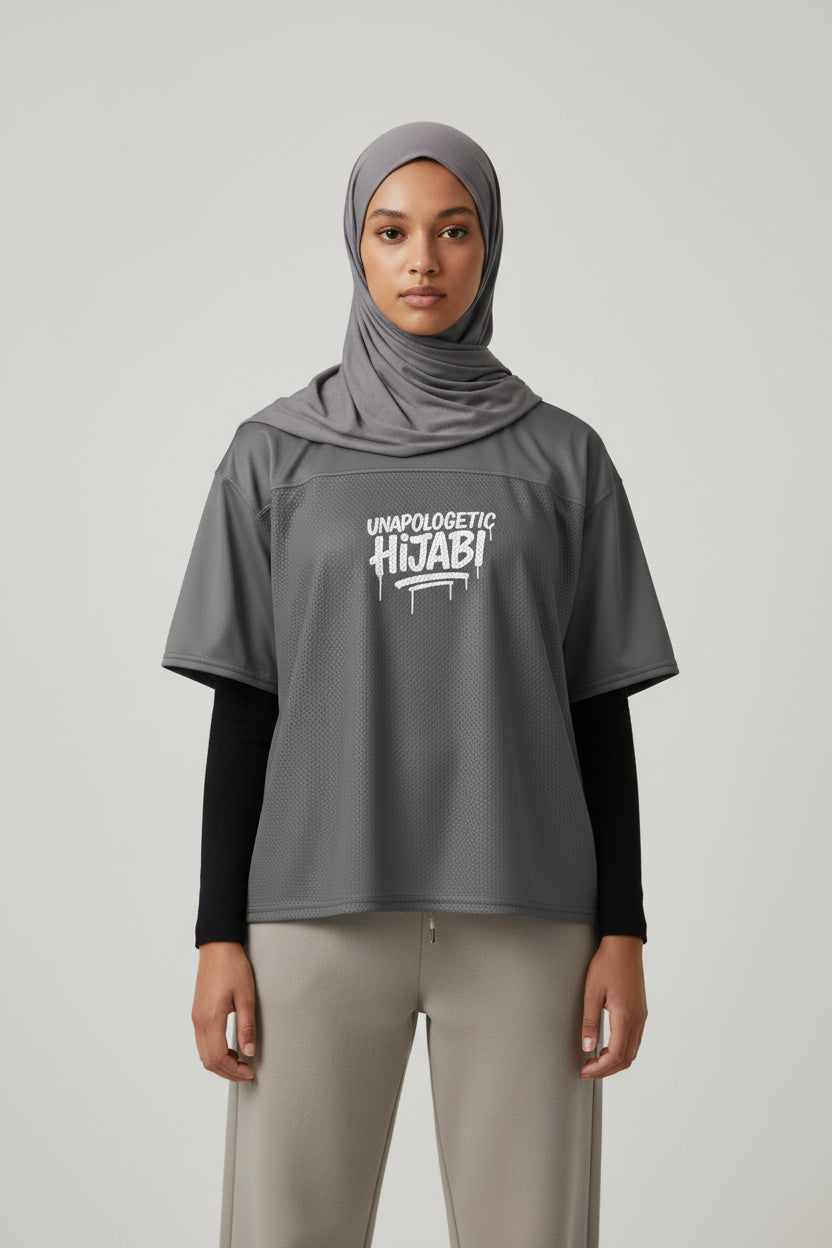 Grey Unapologetic Hijabi Boxy football jersey