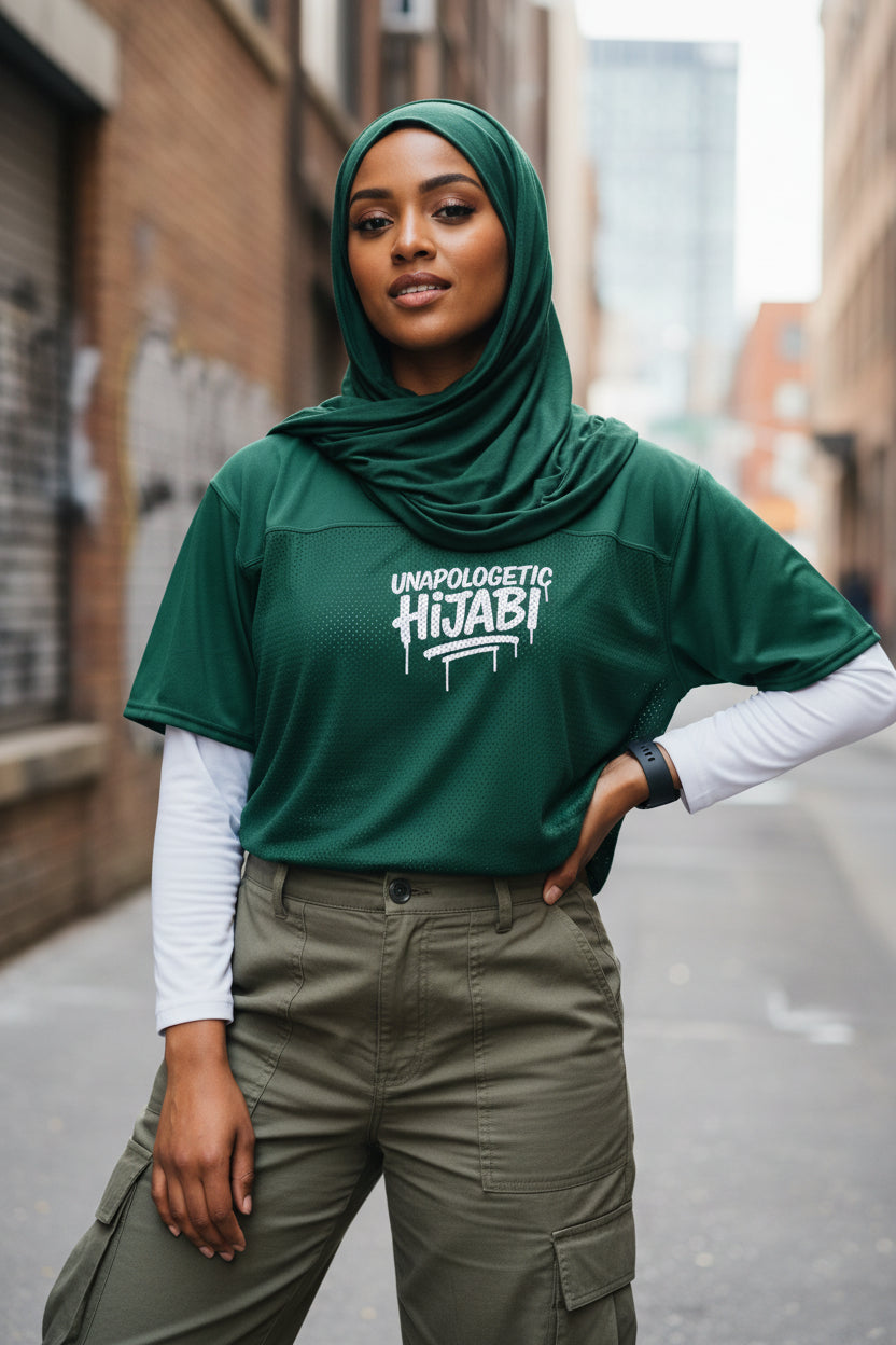 Green Unapologetic Hijabi Boxy football jersey - Modestly Vogue 