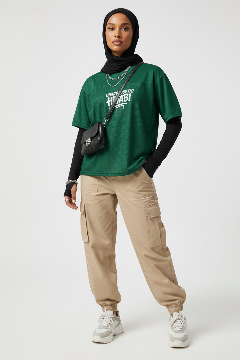 Green Unapologetic Hijabi Boxy football jersey - Modestly Vogue 