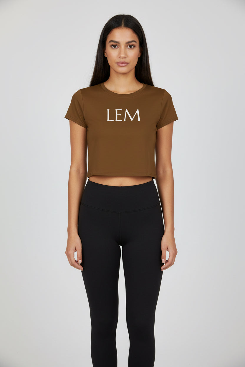 Brown LEM Print Crop Tee Essential Casual Top for Women - Modestly Vogue 