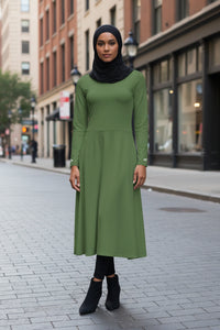 Olive Quiet Energy™ long sleeve midi dress - Modestly Vogue 