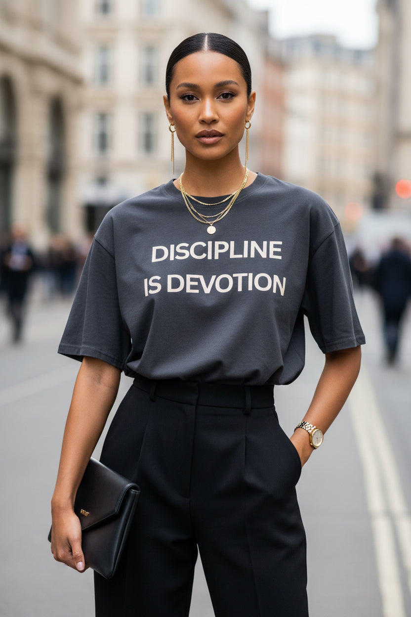 Discipline is Devotion Black Oversized Tee- Washed Black - Modestly Vogue 