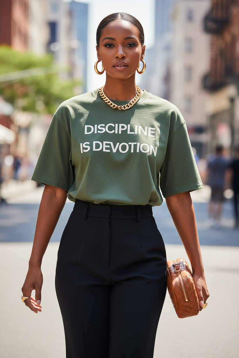 Discipline is Devotion Oversized T Shirt- Olive - Modestly Vogue 