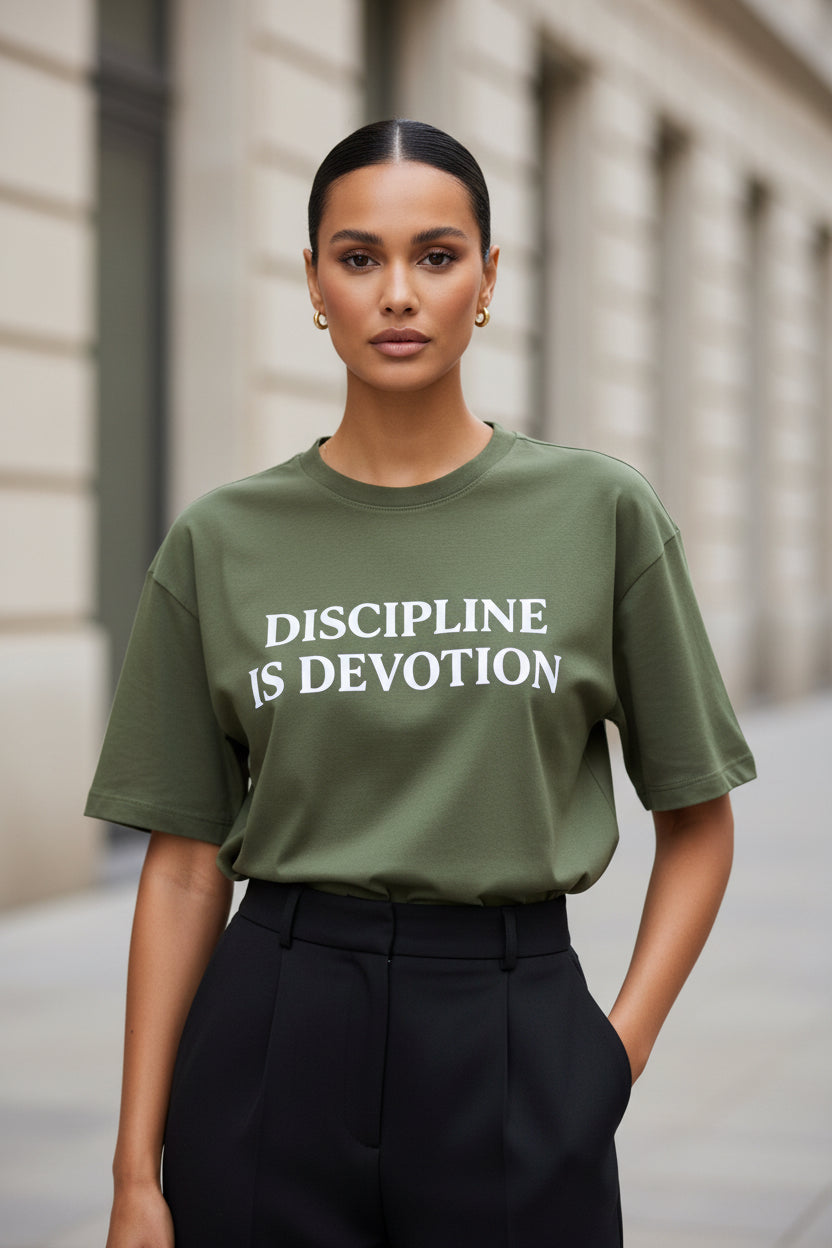 Discipline is Devotion Oversized T Shirt- Olive - Modestly Vogue 