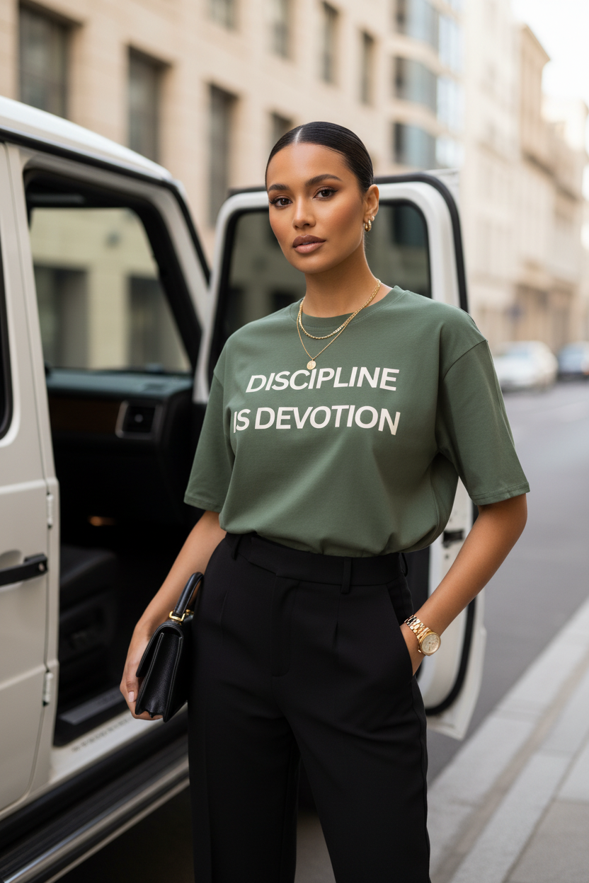 Discipline is Devotion Oversized T Shirt- Olive - Modestly Vogue 