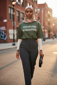 Discipline is Devotion Oversized T Shirt- Olive - Modestly Vogue 
