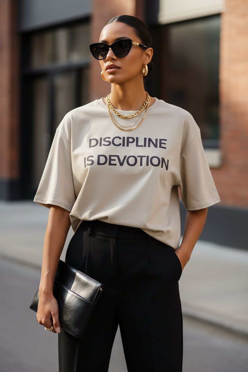 Discipline is Devotion Oversized t-shirt - Stone Black Logo - Modestly Vogue 