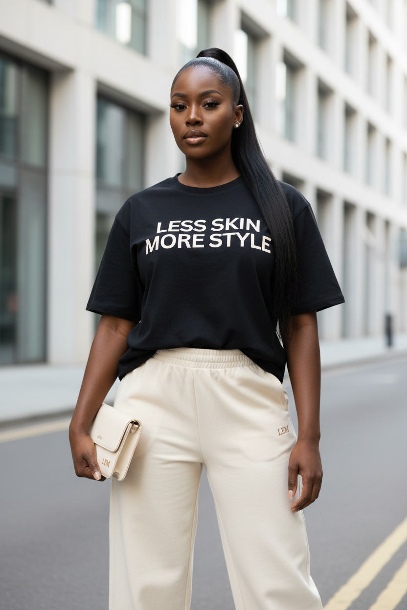 Less Skin More Style Tee- Soft Black