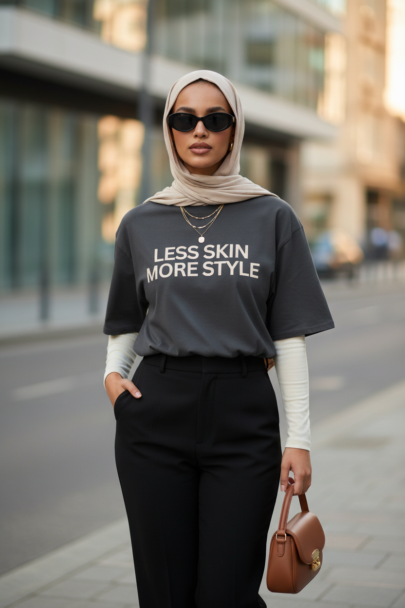 Modest Mindset™ Charcoal Grey Statement Tee - Modestly Vogue 