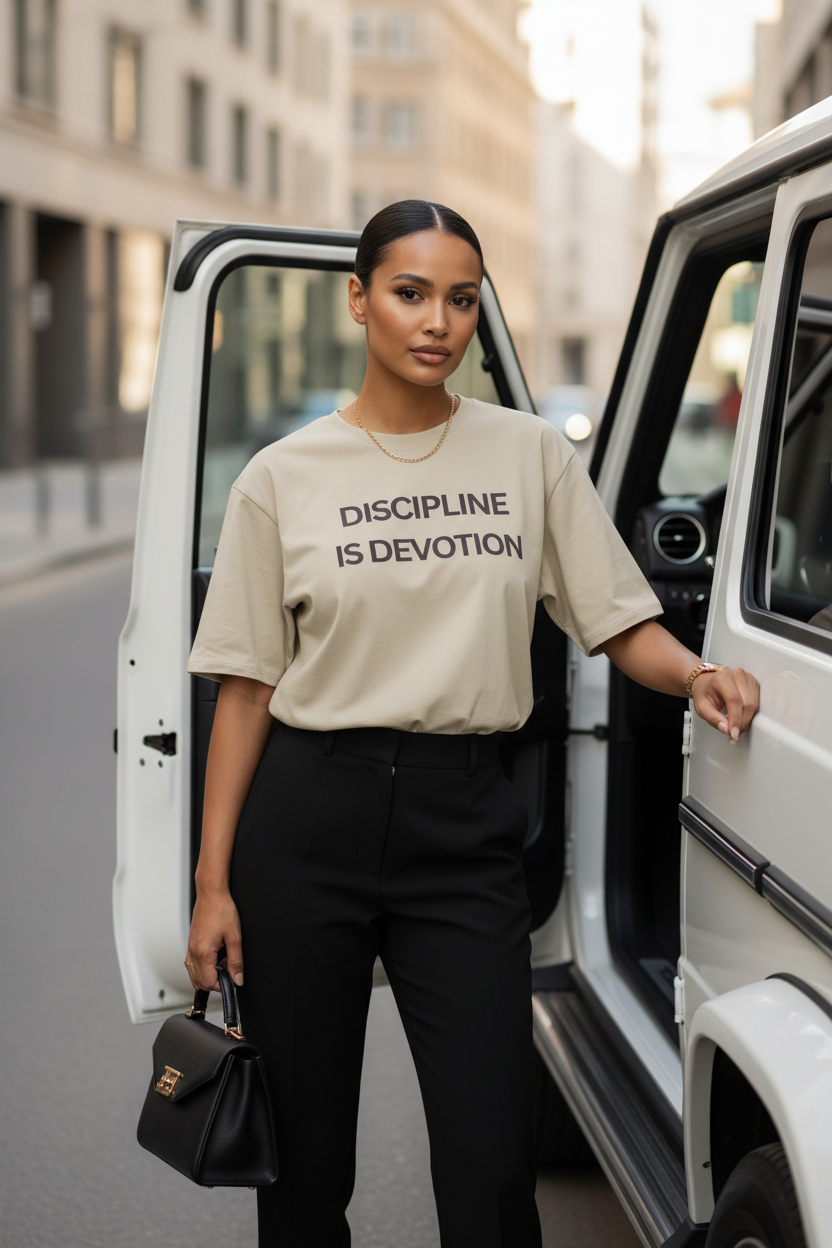 Discipline is Devotion Oversized t-shirt - Stone Black Logo - Modestly Vogue 