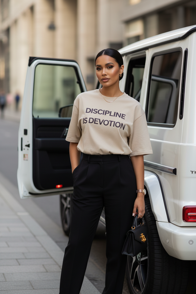 Discipline is Devotion Oversized t-shirt - Stone Black Logo - Modestly Vogue 