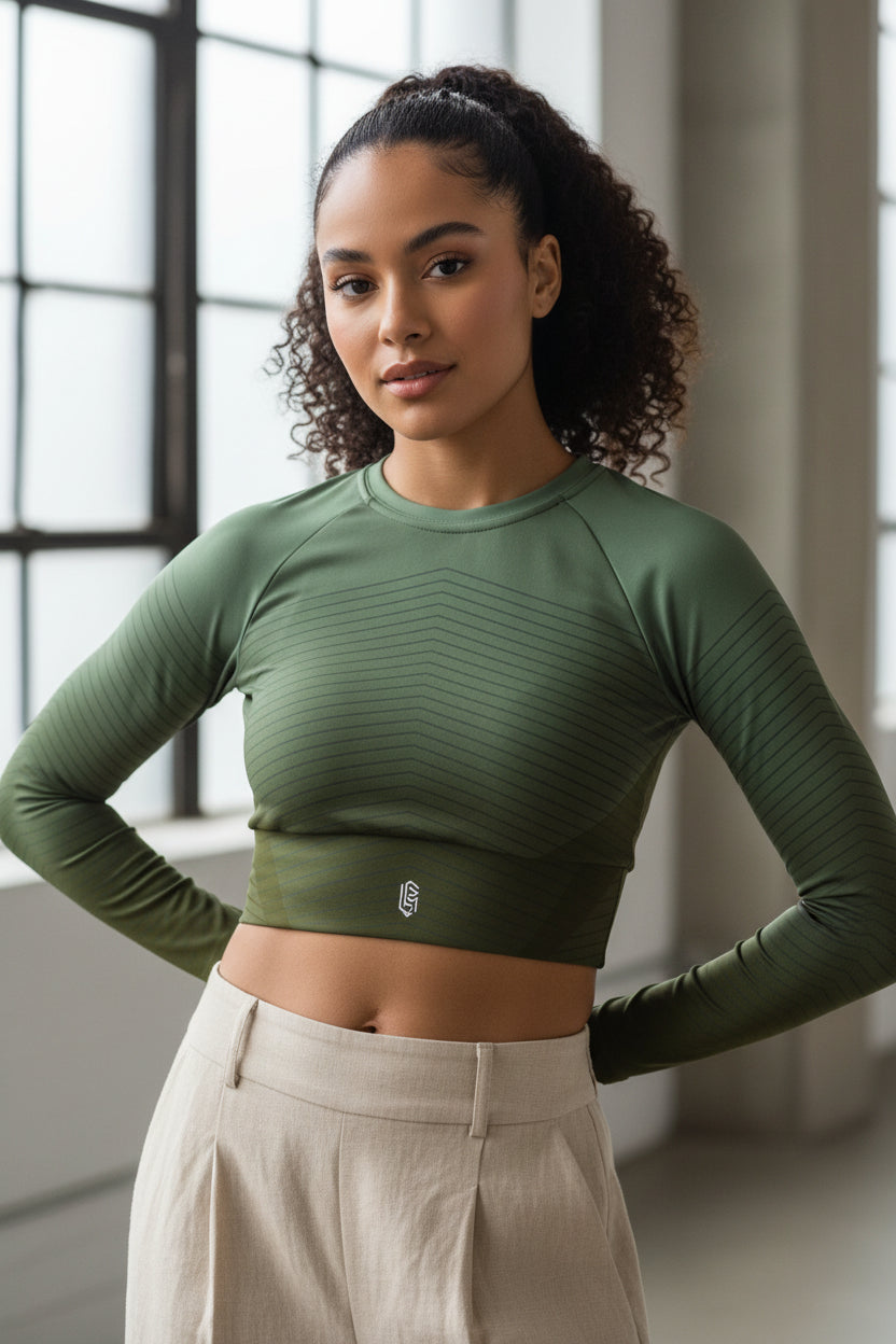 LEM Olive Grounded long-sleeve crop top - Modestly Vogue 
