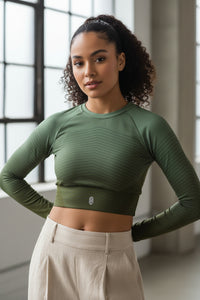LEM Olive Grounded long-sleeve crop top - Modestly Vogue 