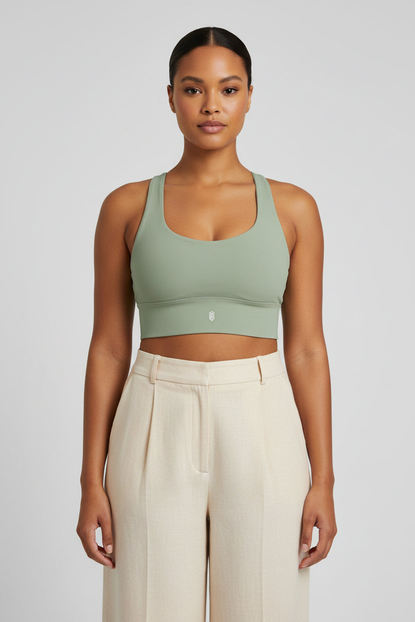 LEM Sage Geo Logo Longline Sports Bra - Modestly Vogue 