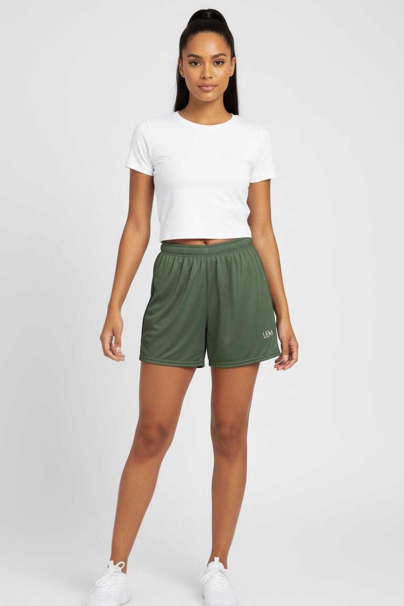 LEM Olive Green mesh shorts - Modestly Vogue 