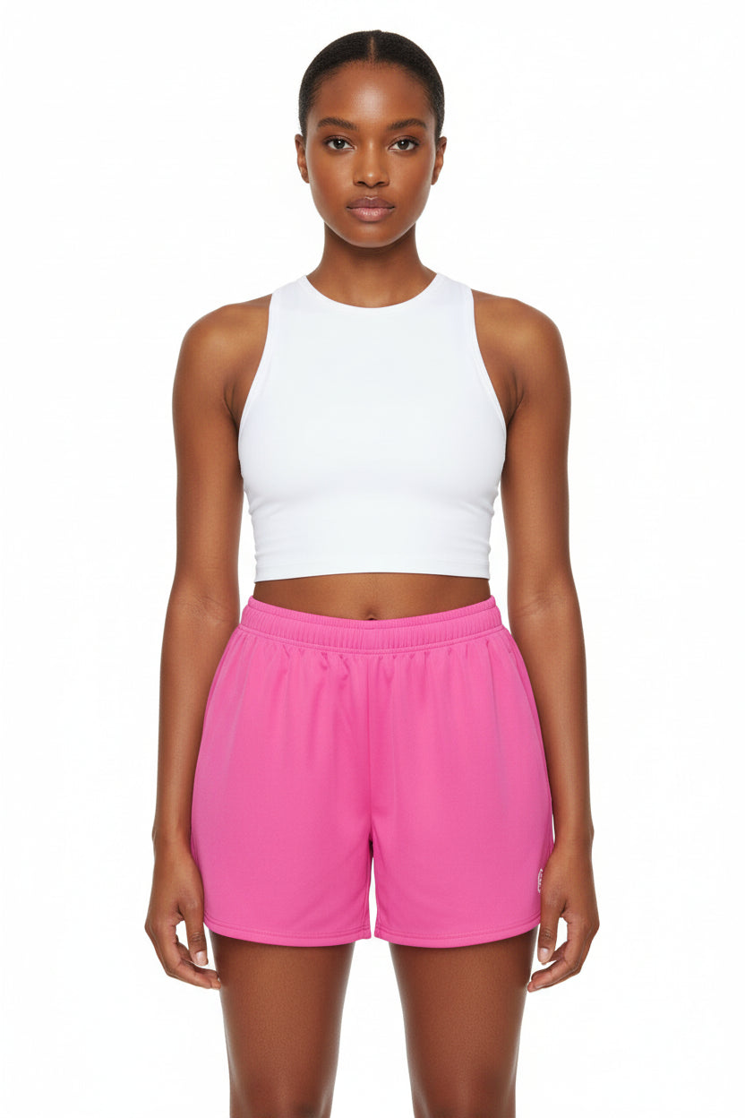 LEM Candy Pink Geo Logo Athletic Long Shorts - Modestly Vogue 