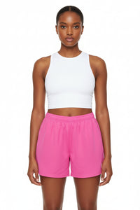 LEM Candy Pink Geo Logo Athletic Long Shorts - Modestly Vogue 