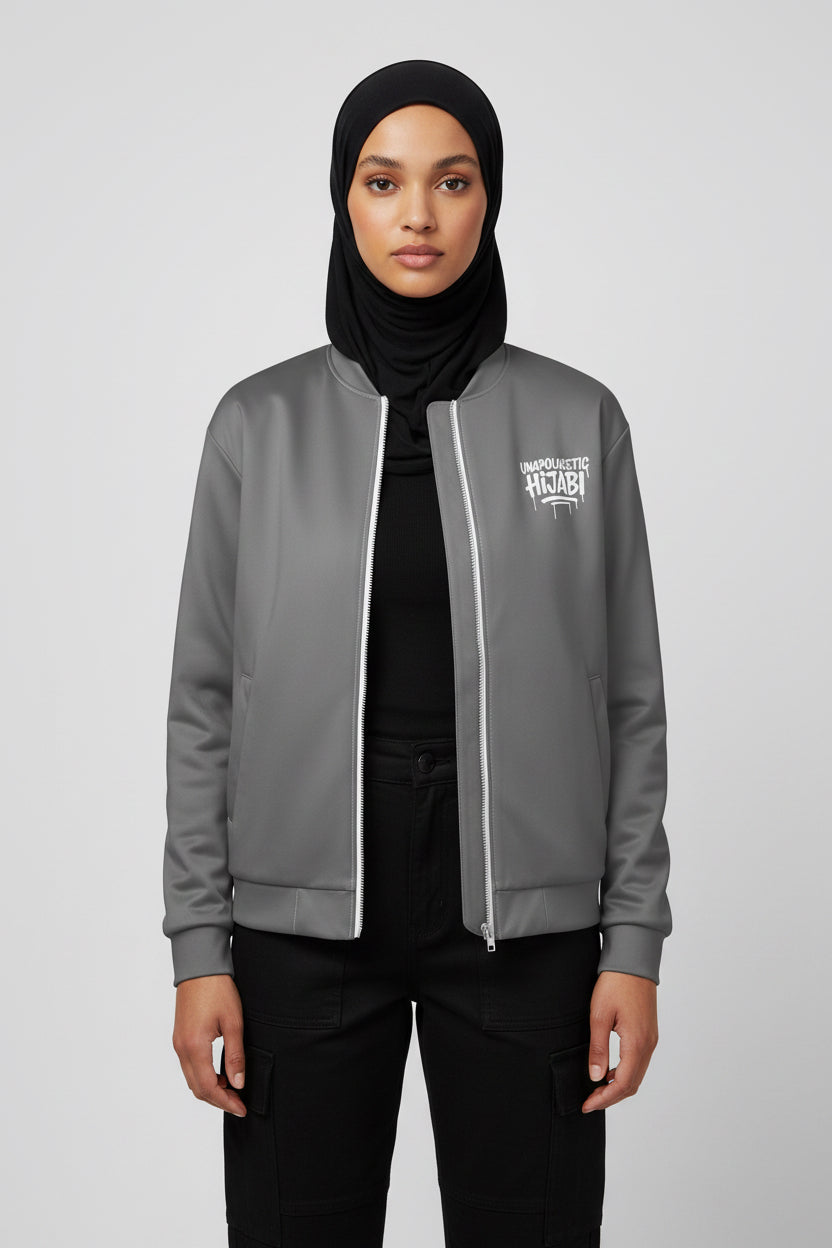 Unapologetic Hijabi Grey Bomber Jacket – Stylish Modest Outerwear
