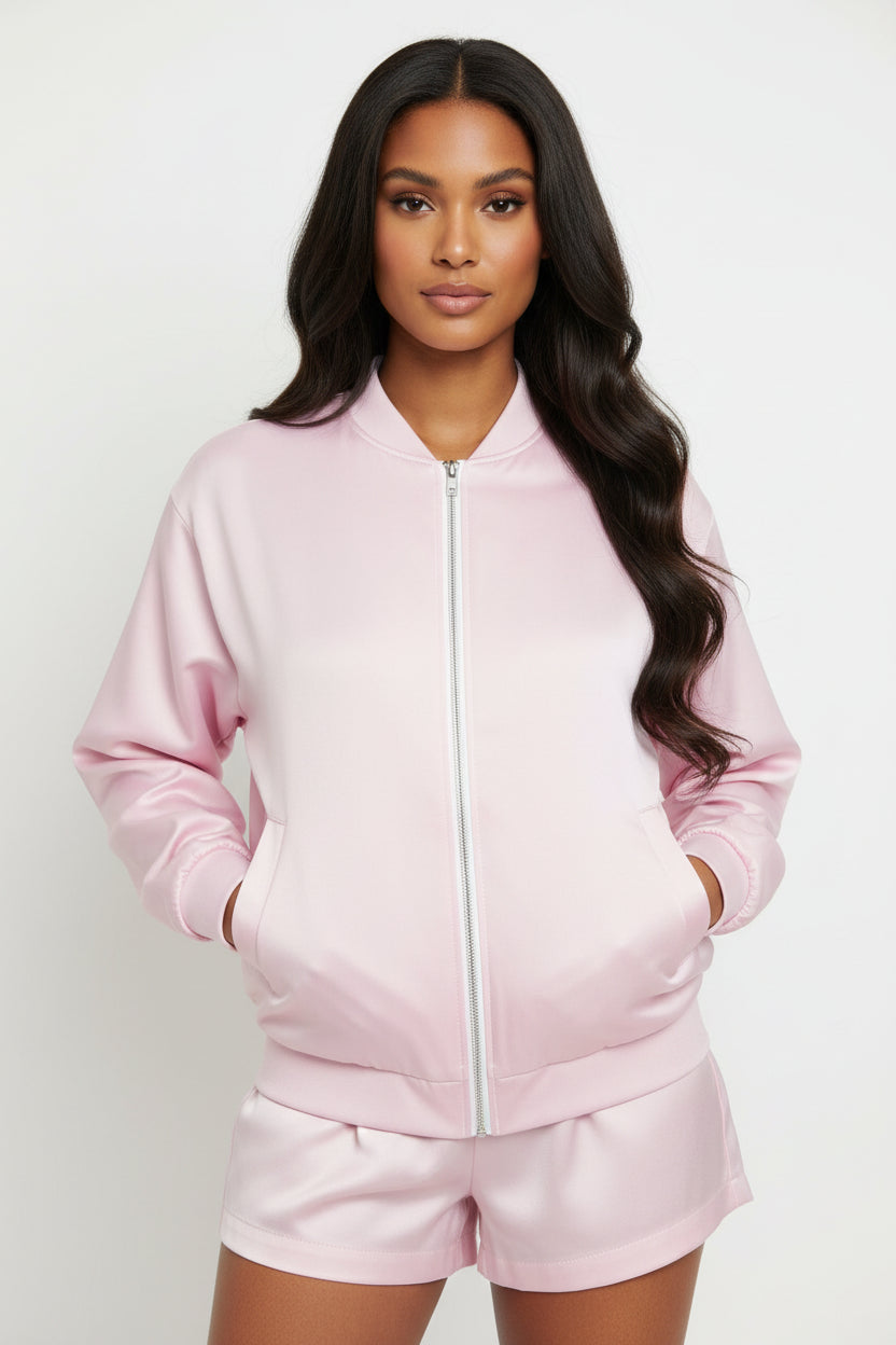 LEM Presence Pink Lace Bomber Jacket - Modestly Vogue 